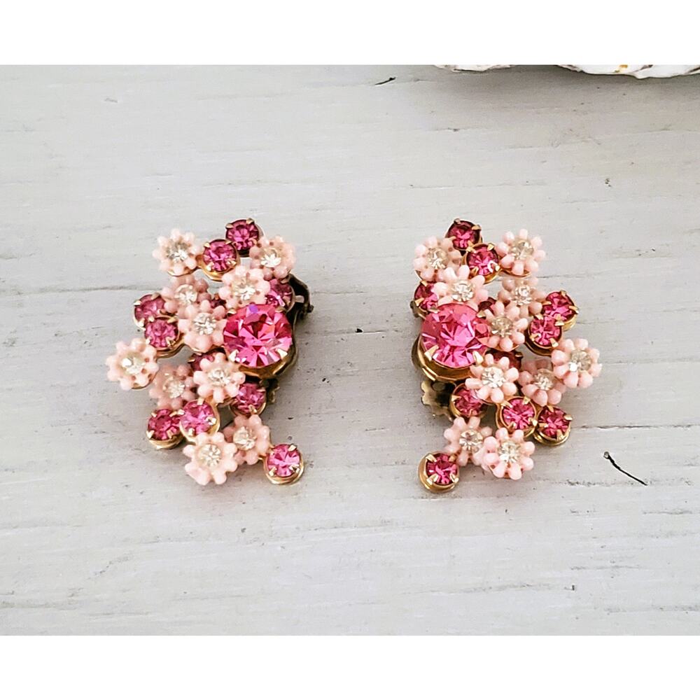 Vintage Leru Designer Pink and Cream Floral Earrings